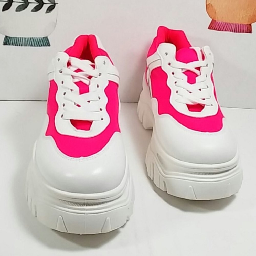 NEW!!!  Platform Fashion Sneaker - White Upper w/ Neon Pink Panels - Lace-Up - Picture 6 of 8